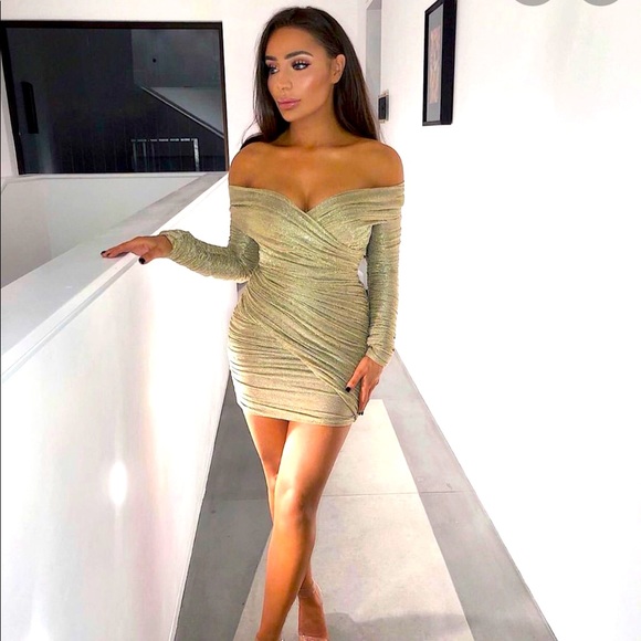 house of cb felicity dress gold Ruched Mesh Off Shoulder S Mini Bodycon Sexy Category_New In
